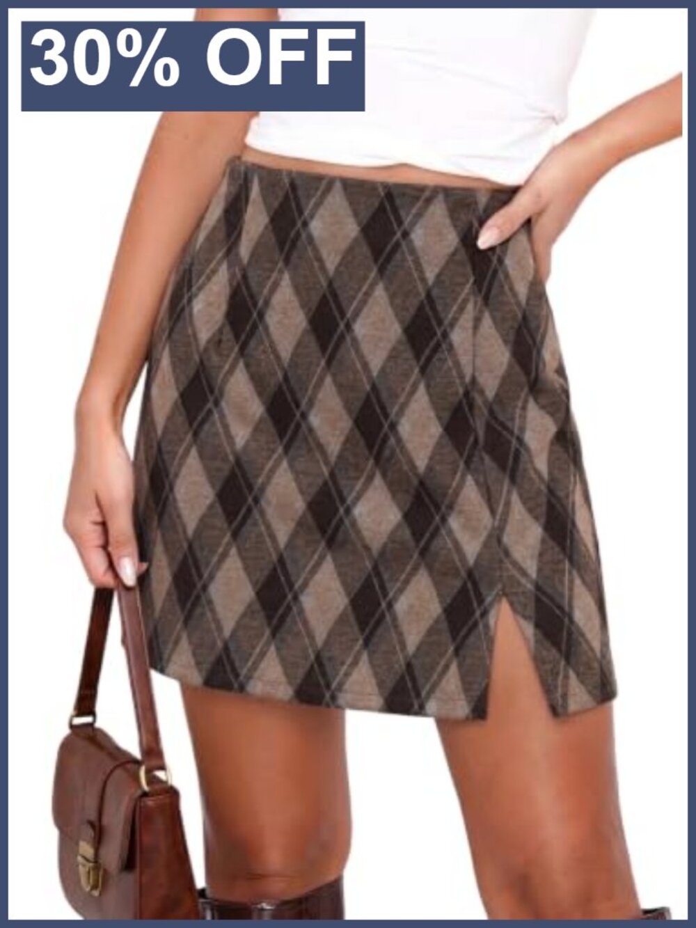 High Waist Plaid Mini Skirt Side Slit A-Line with Pockets